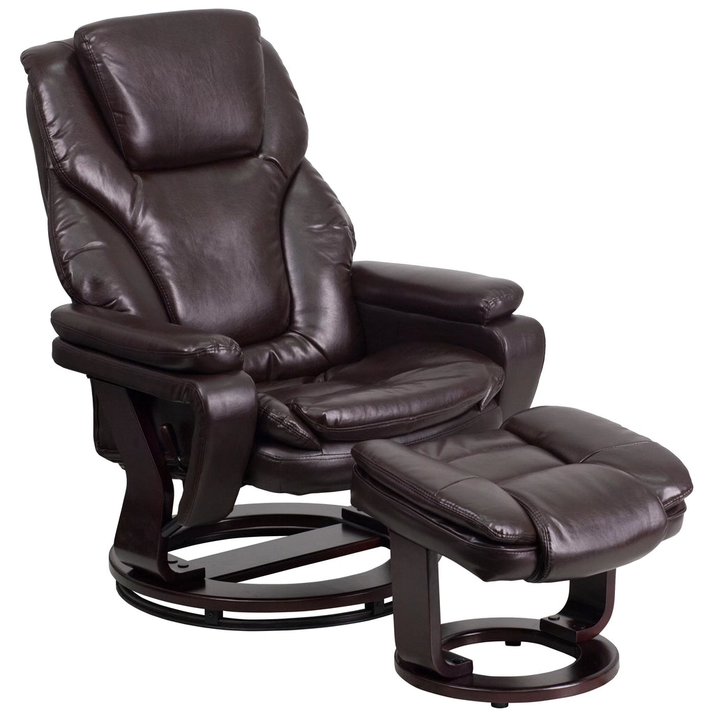 Brown LeatherSoft Recliner and Ottoman with Swivel Mahogany Wood Base M93940