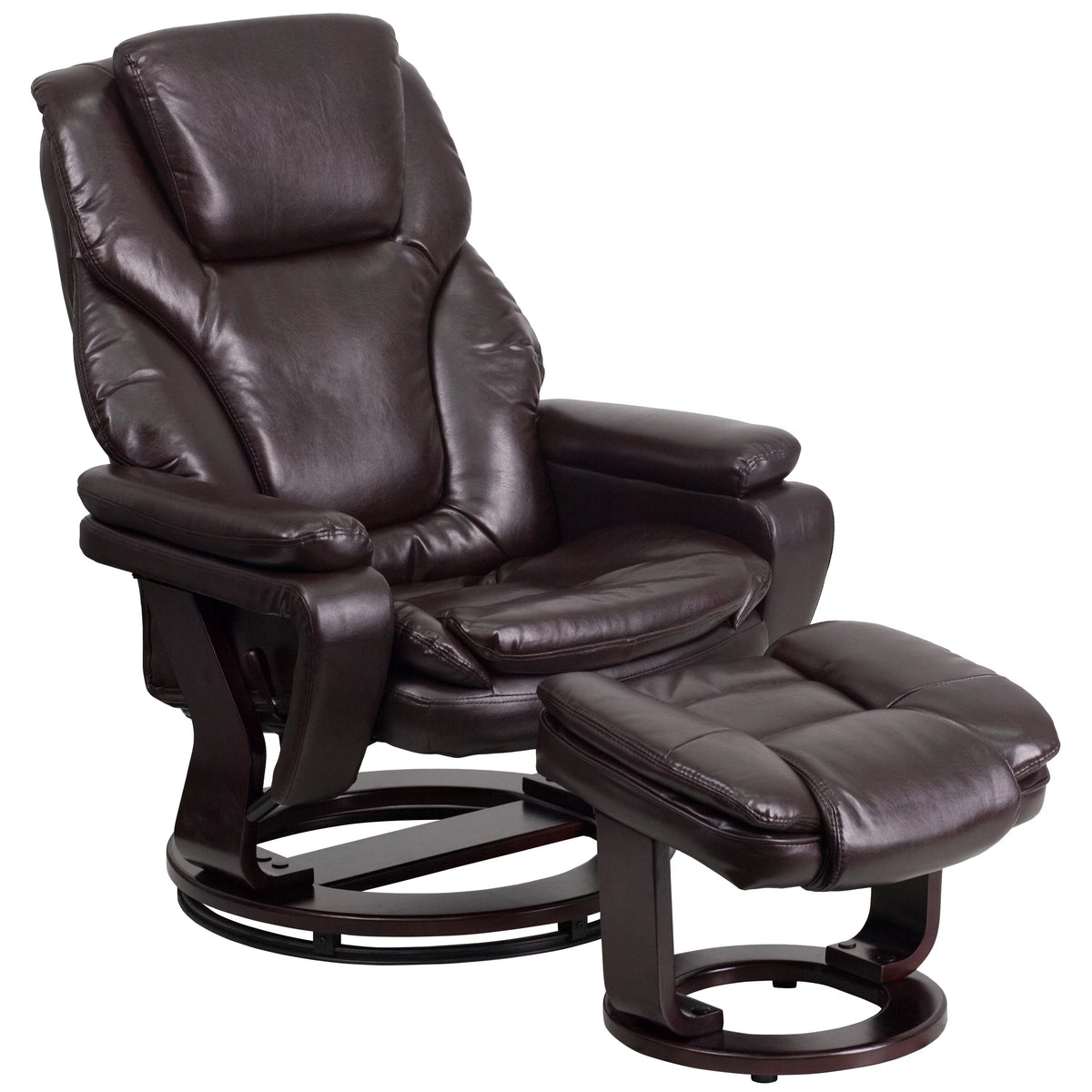 Brown LeatherSoft Recliner and Ottoman with Swivel Mahogany Wood Base M93940