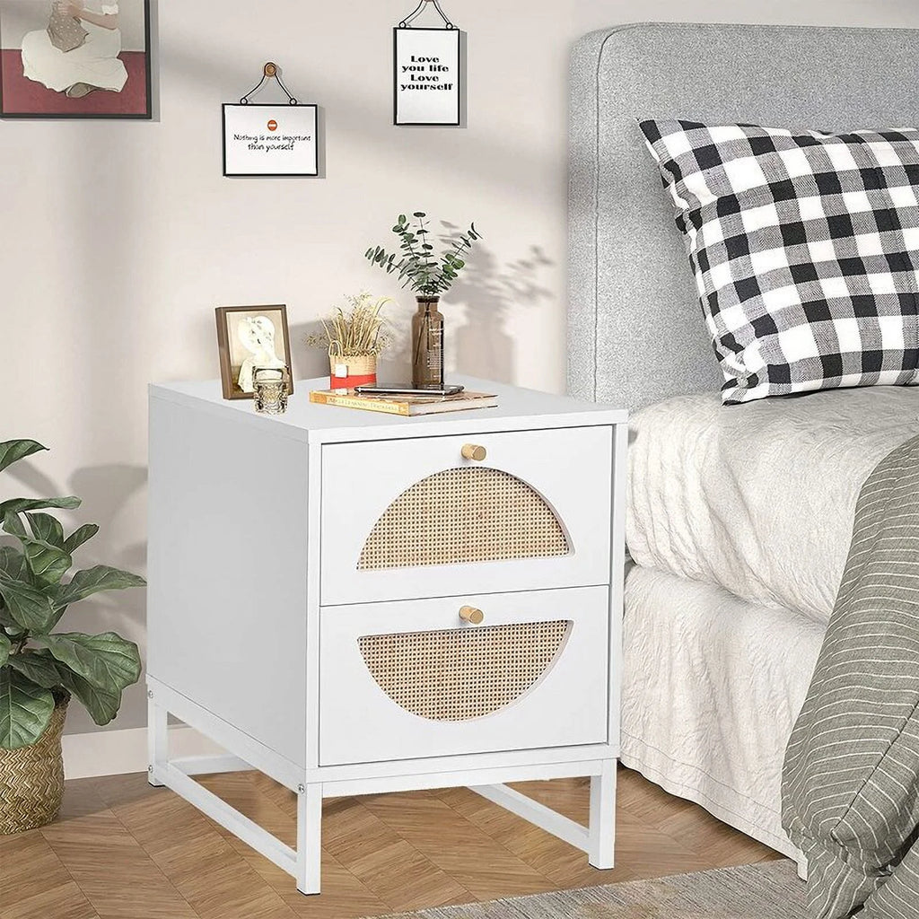 White Wood Nightstand with Rattan Drawers L4589