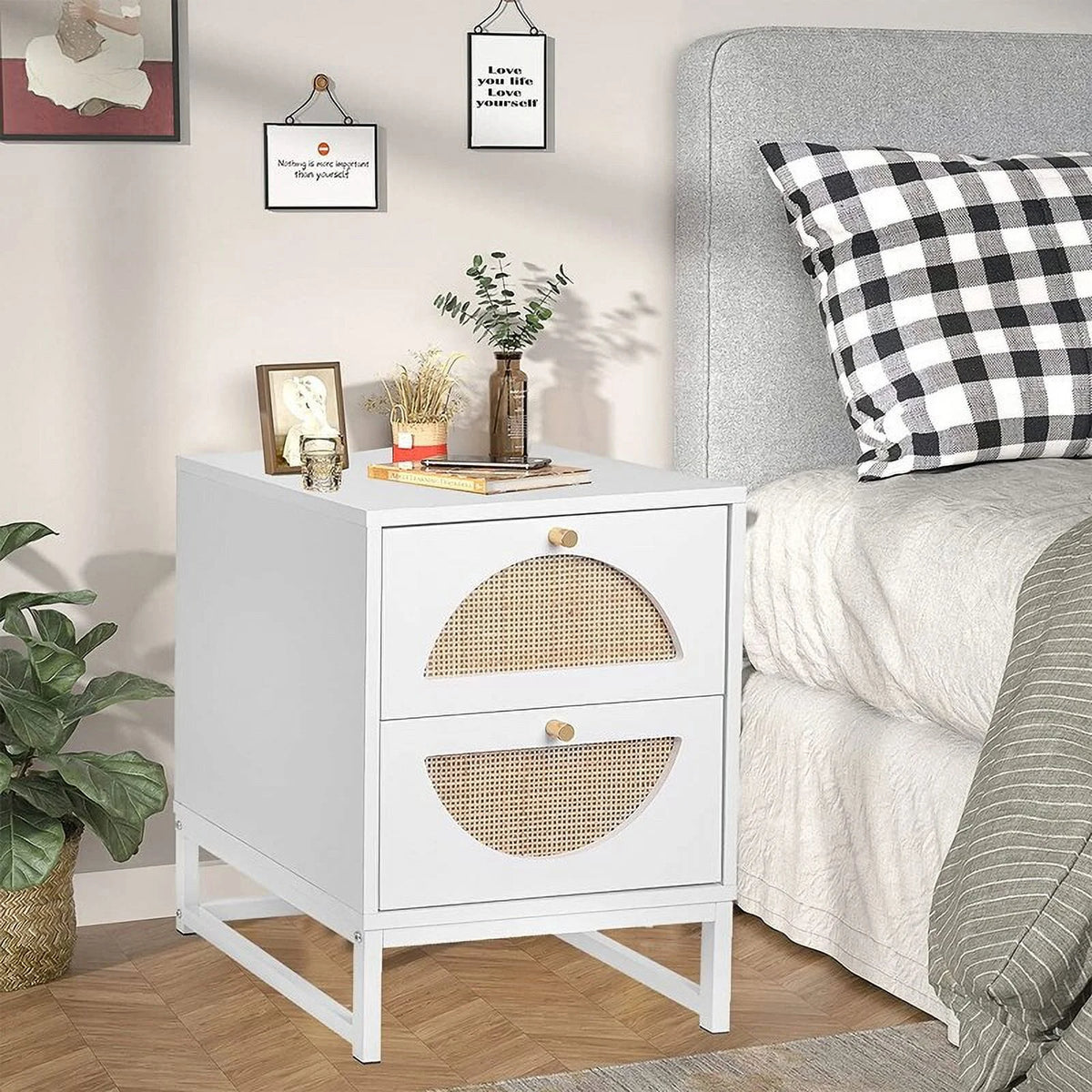 White Wood Nightstand with Rattan Drawers L4589