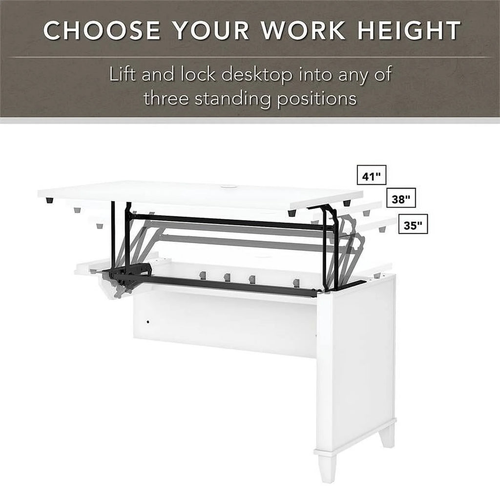 White Engineered Wood Sit to Stand Desk with Hutch and Bookcase B67402