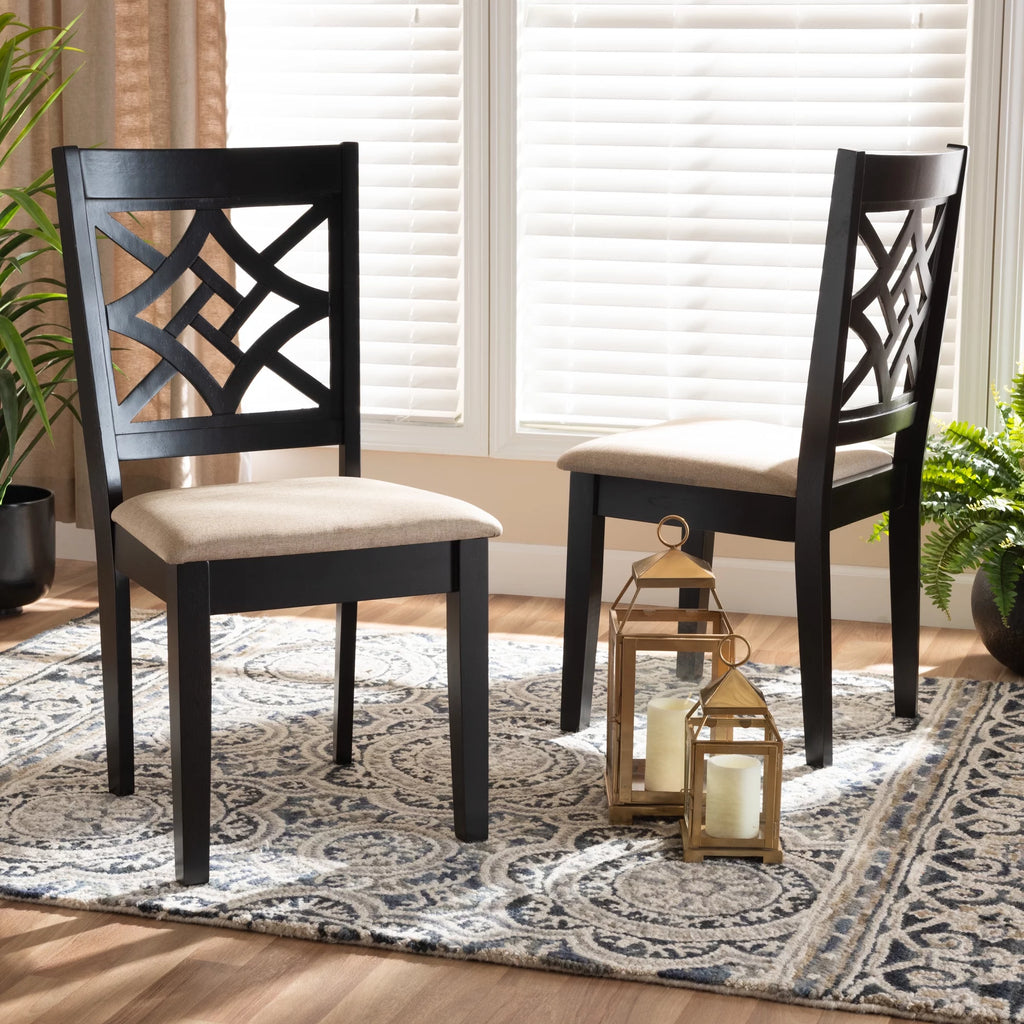 Sand Fabric Upholstered Dark Brown Wood 2-Piece Dining Chair Set X4411
