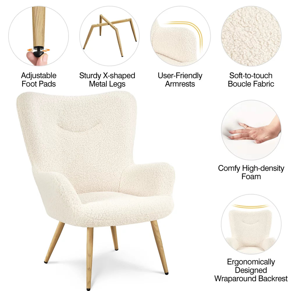 Ivory Boucle Accent Chair with Metal Legs U796