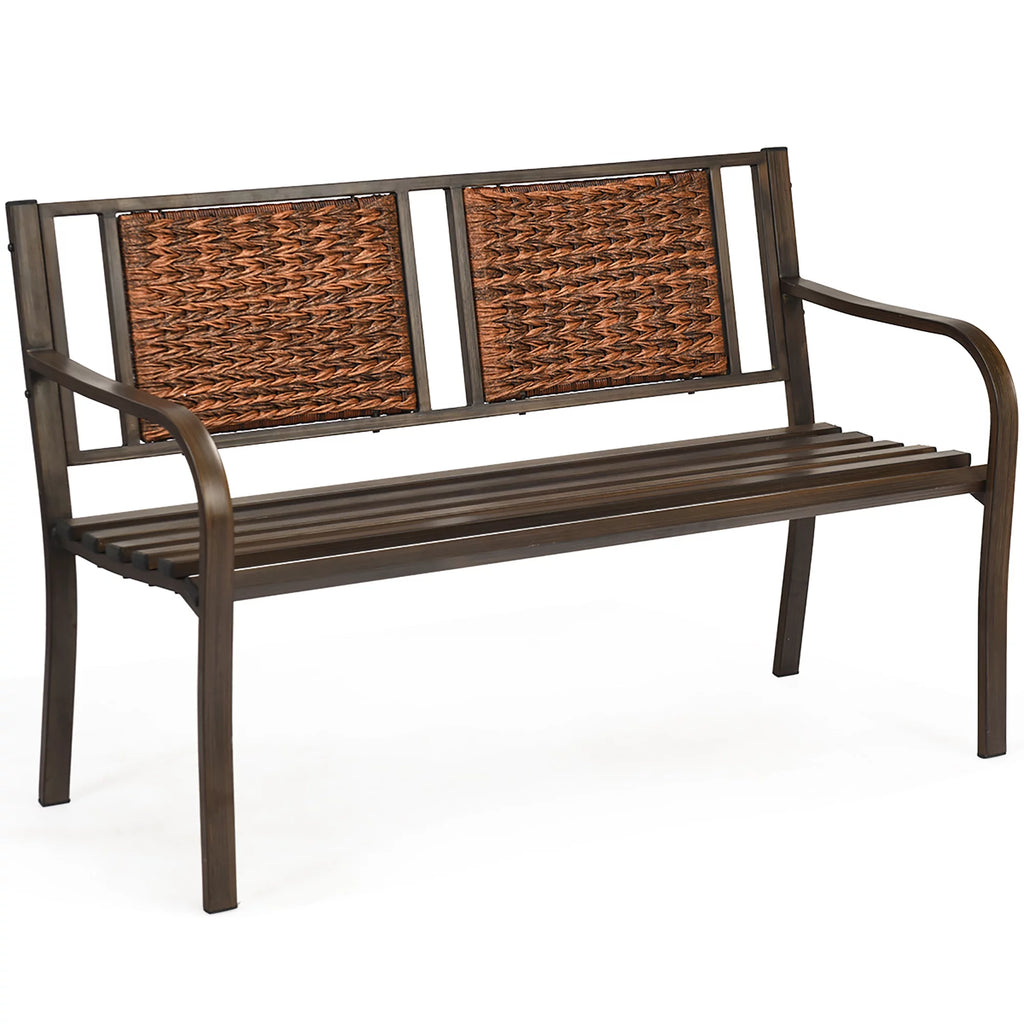 Patio Garden Bench Steel Frame Rattan Backrest C126651