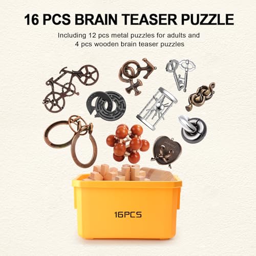 16 PCS Metal & Wooden Brain Teaser Puzzle Set D5576