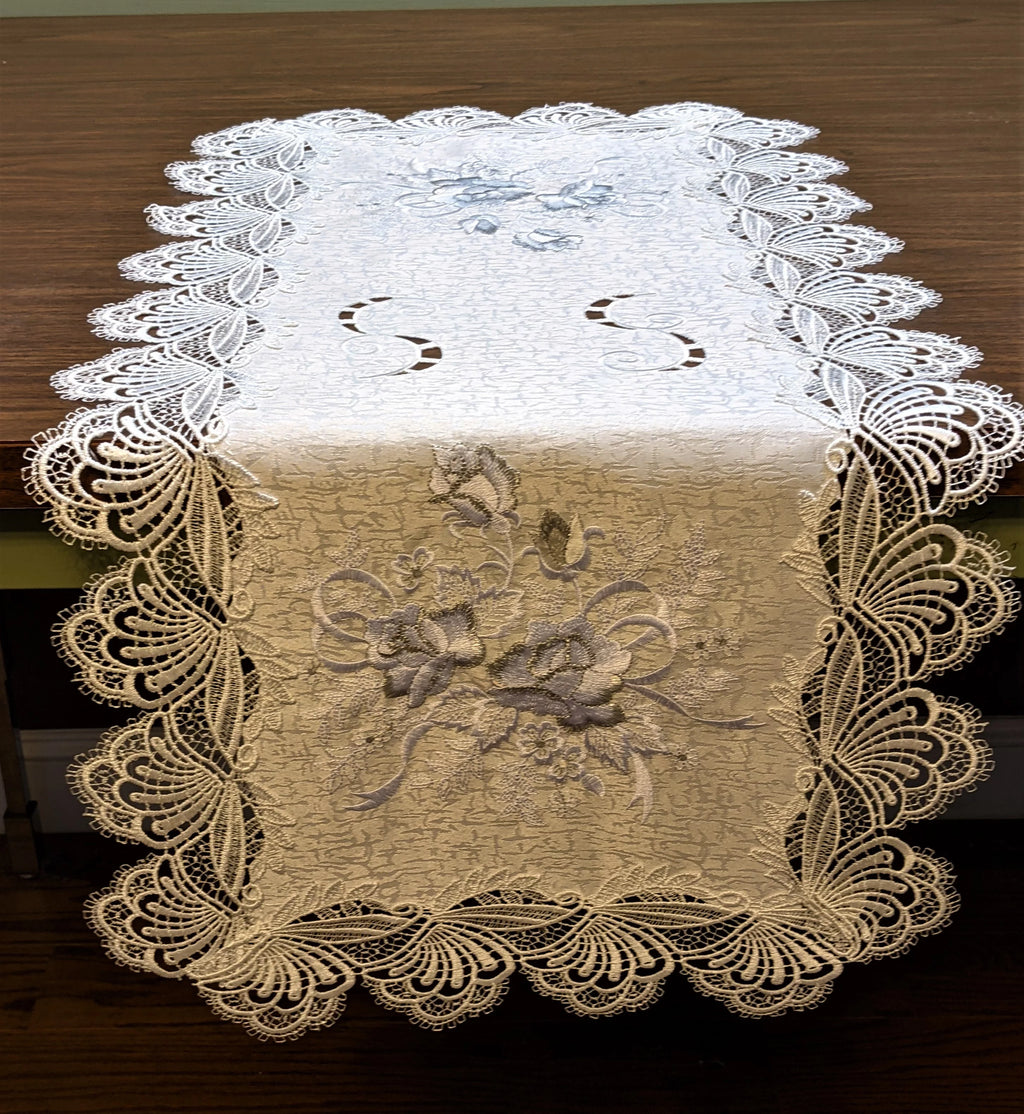 Table Runner with Gray Silver White Roses Lace 54 x 16 inches J999660