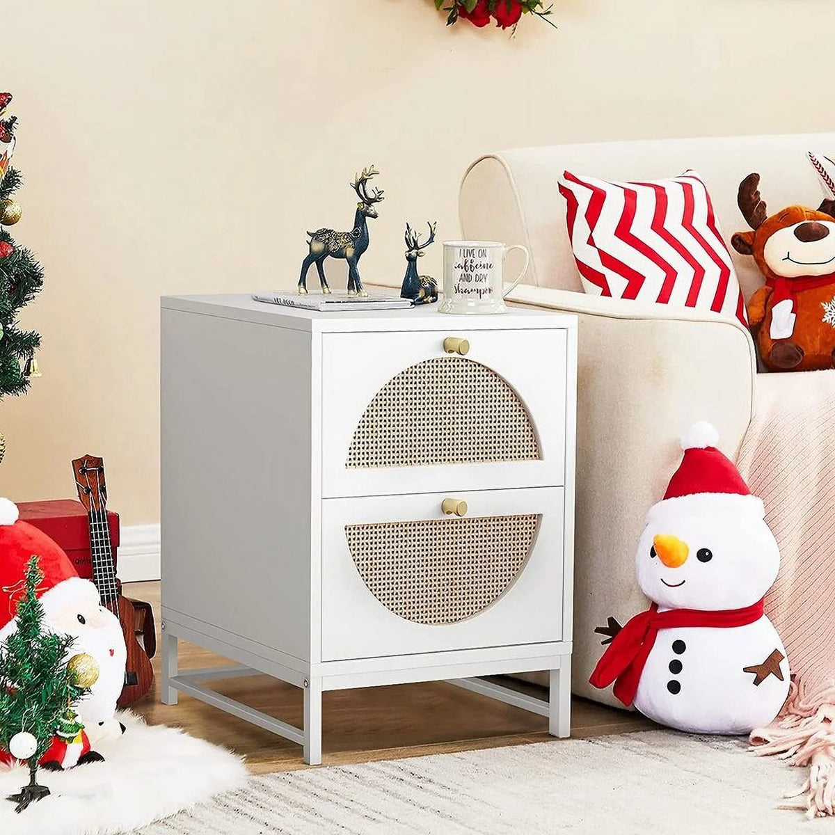 White Wood Nightstand with Rattan Drawers L4589