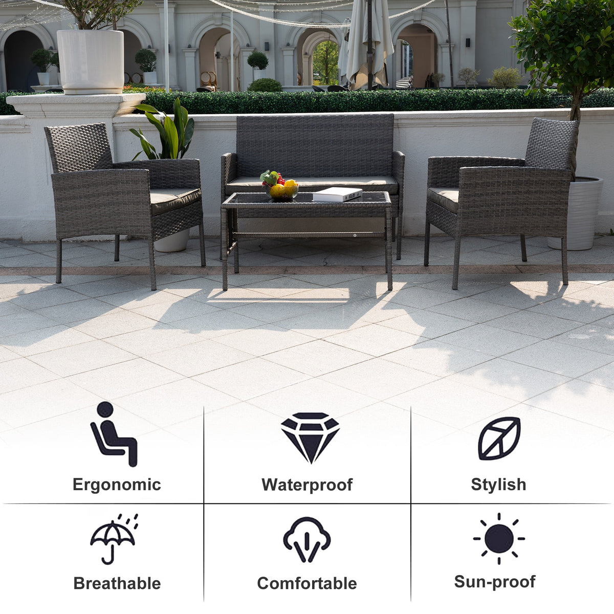 4 Piece Wicker Patio Conversation Furniture Set with Glass-Top Coffee Table & Gray Cushions O230056