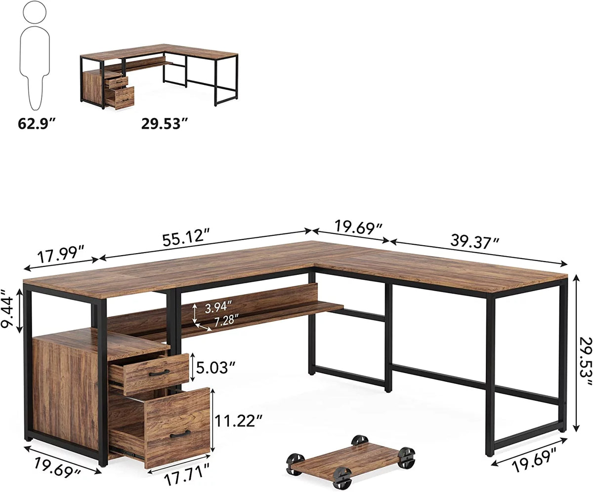 70 Inch L-Shaped Desk with Bookcase Cabinet and Drawers S3526