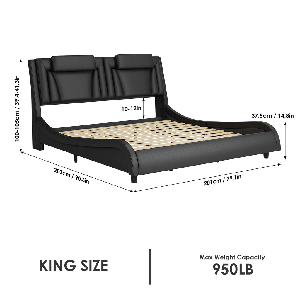Queen LED PU Leather Upholstered Platform Bed with Adjustable Headboard Q40031