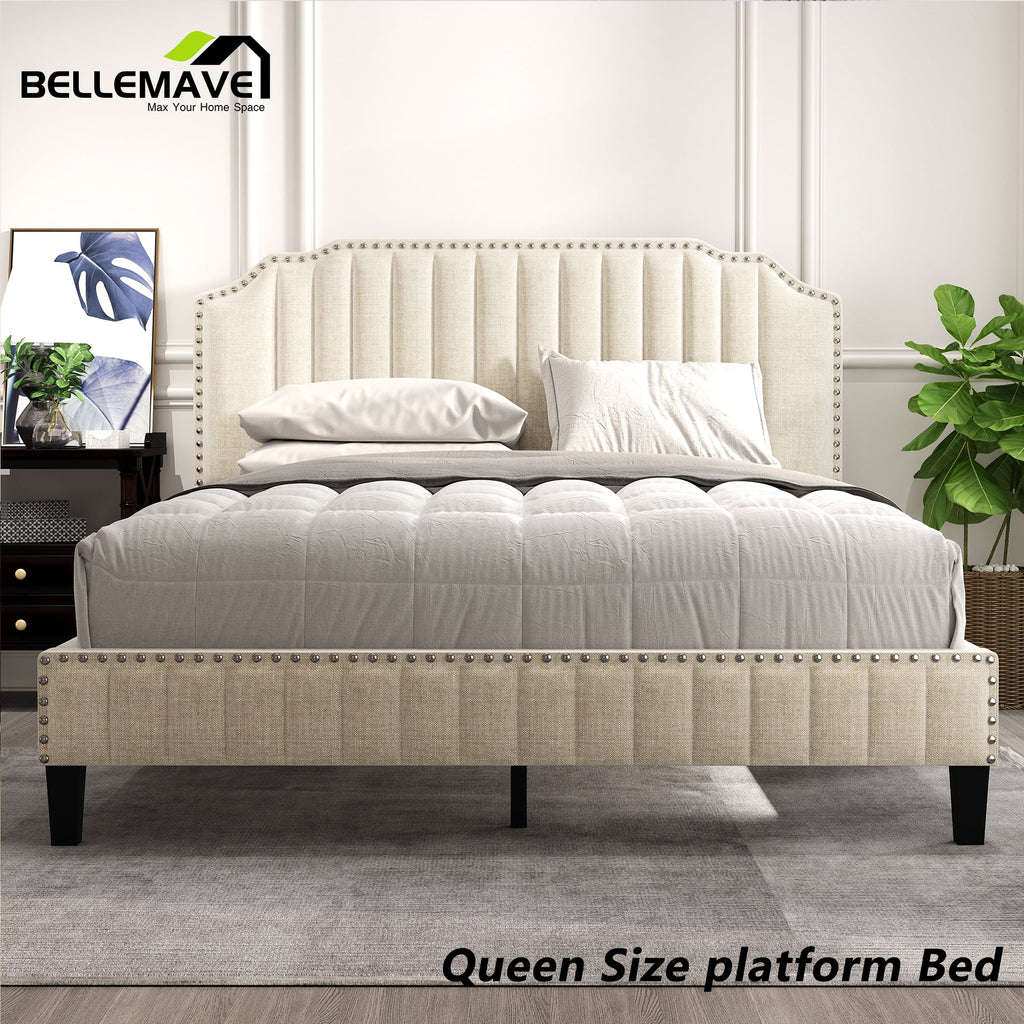 Linen Upholstered Platform Bed Frame Queen Size with Headboard Z638897