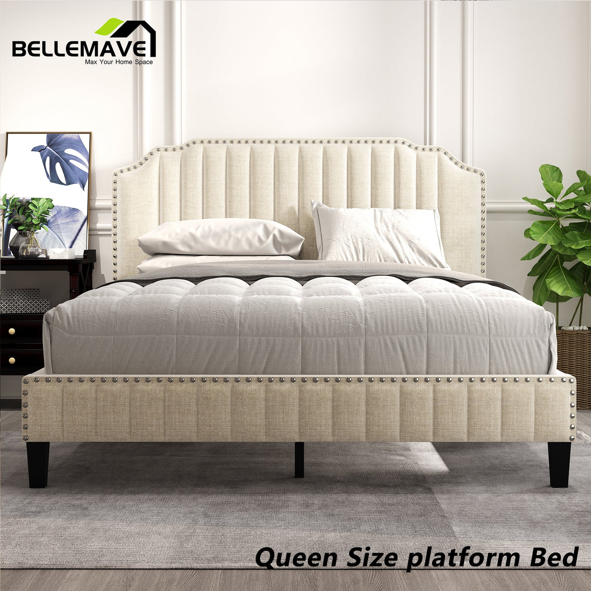 Linen Upholstered Platform Bed Frame Queen Size with Headboard Z638897