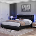 Queen LED PU Leather Upholstered Platform Bed with Adjustable Headboard Q40031