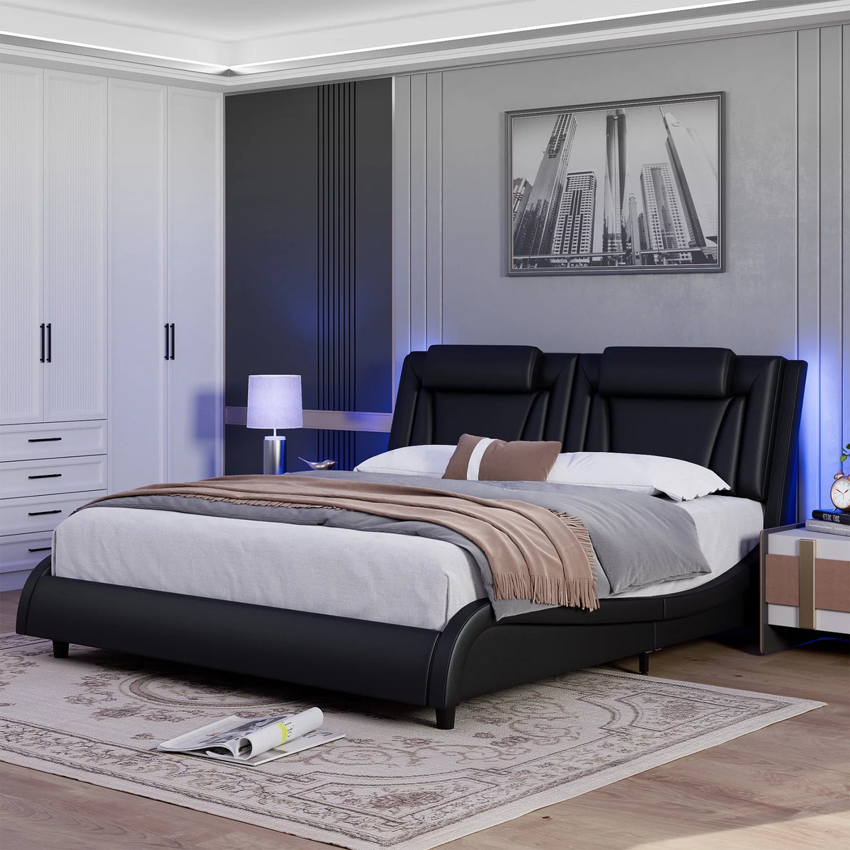 Queen LED PU Leather Upholstered Platform Bed with Adjustable Headboard Q40031