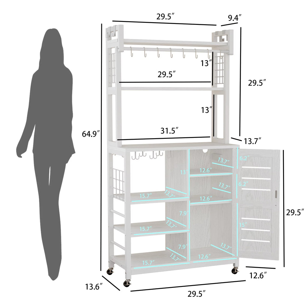 White Bakers Rack with Power Outlets and Cabinets C7099