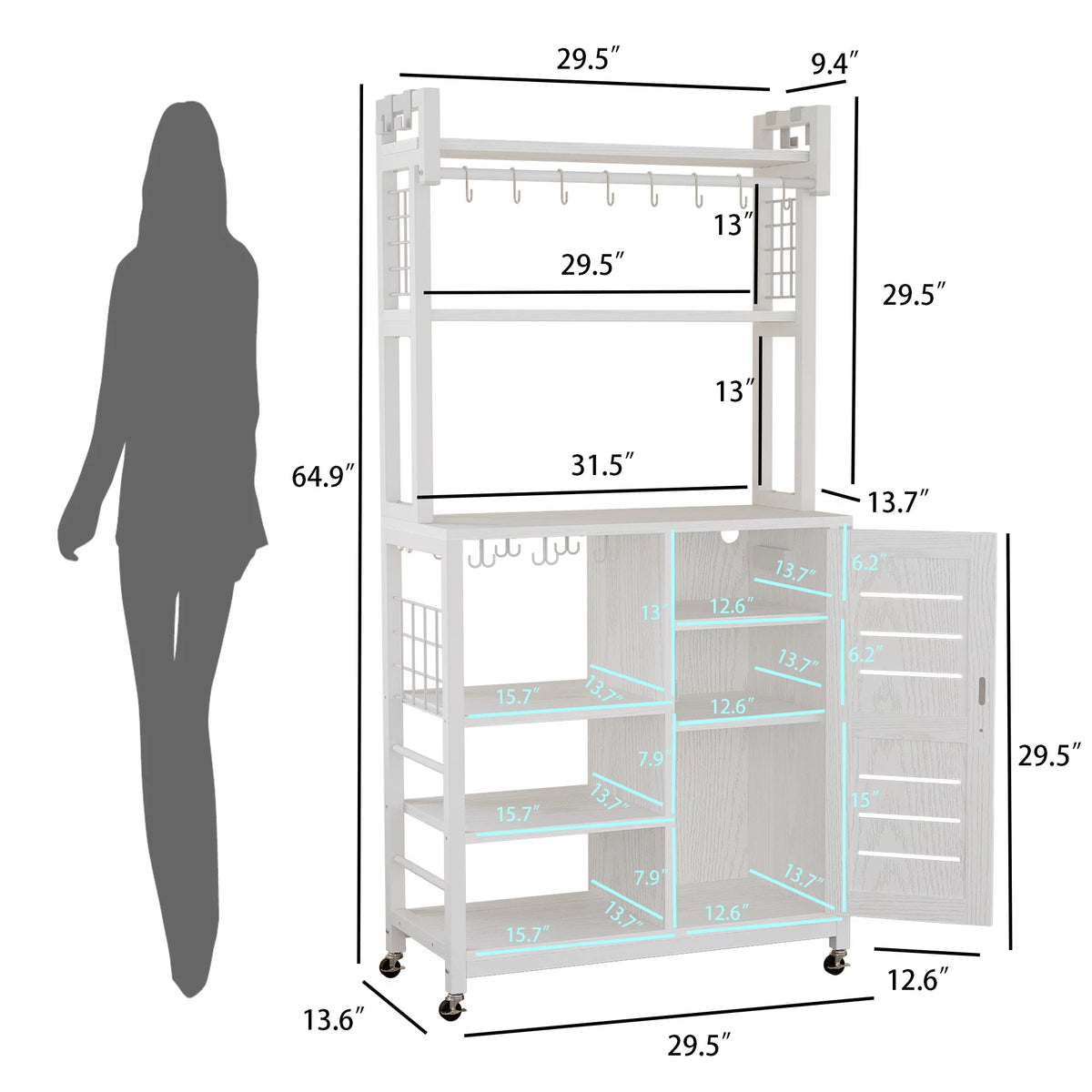 White Bakers Rack with Power Outlets and Cabinets C7099
