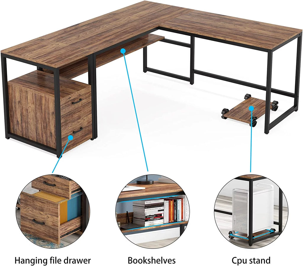 70 Inch L-Shaped Desk with Bookcase Cabinet and Drawers S3526