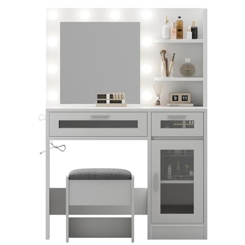 White Vanity Desk with Mirror and Lights C37190
