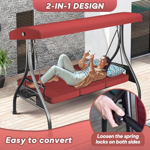 3 Seat Outdoor Patio Swing with Stand Adjustable Canopy Wine Red M505698