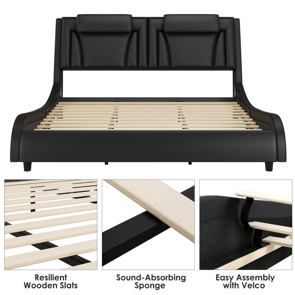 Queen LED PU Leather Upholstered Platform Bed with Adjustable Headboard Q40031