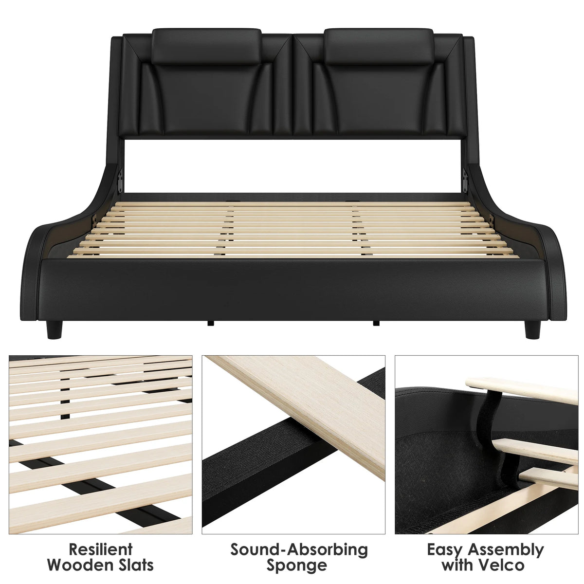Queen LED PU Leather Upholstered Platform Bed with Adjustable Headboard Q40031