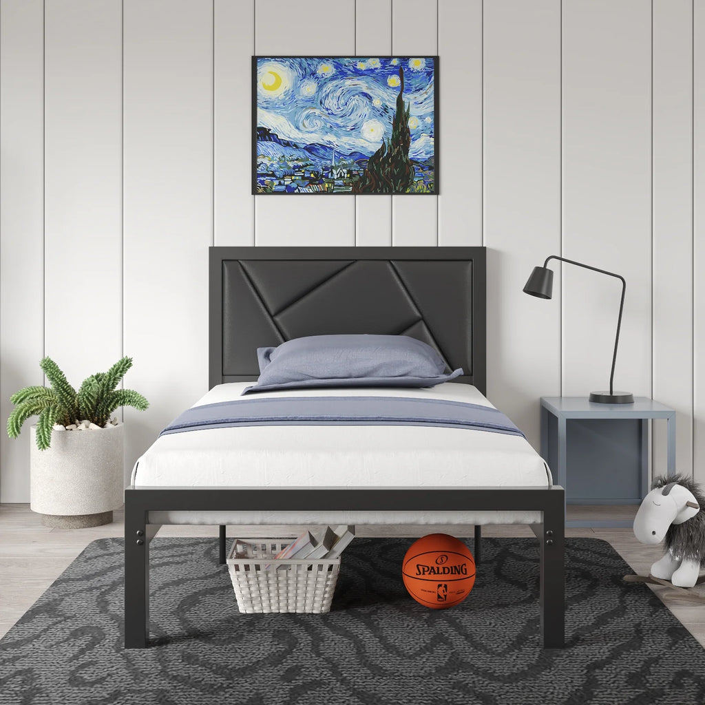 Queen Size Black Metal Bed Frame with Upholstered Headboard X212