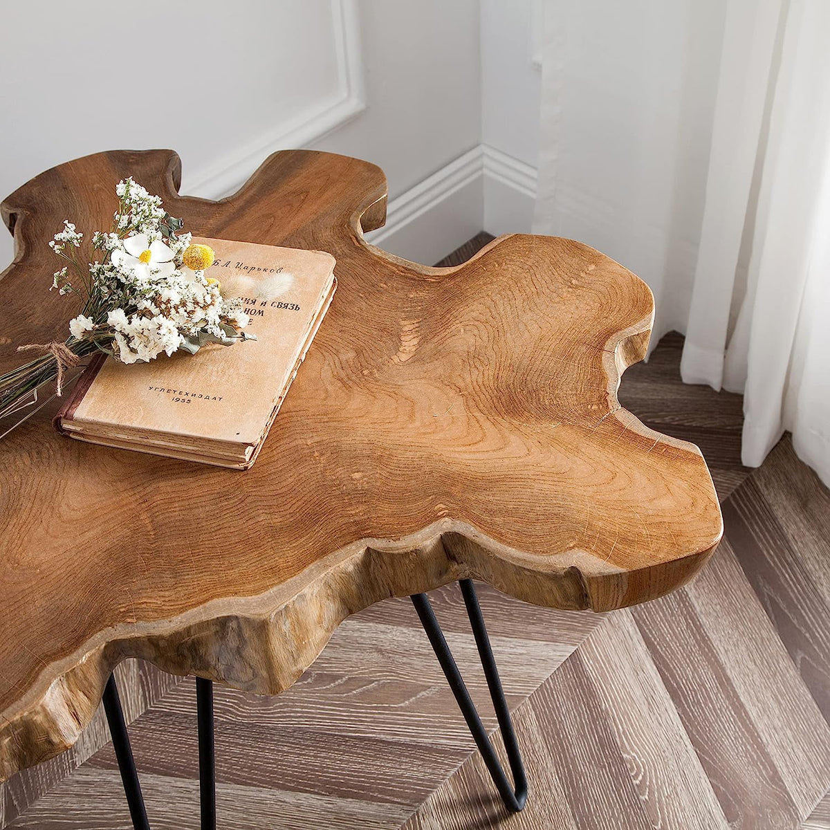 Natural Teak Live Edge Coffee Table with Hairpin Legs R748