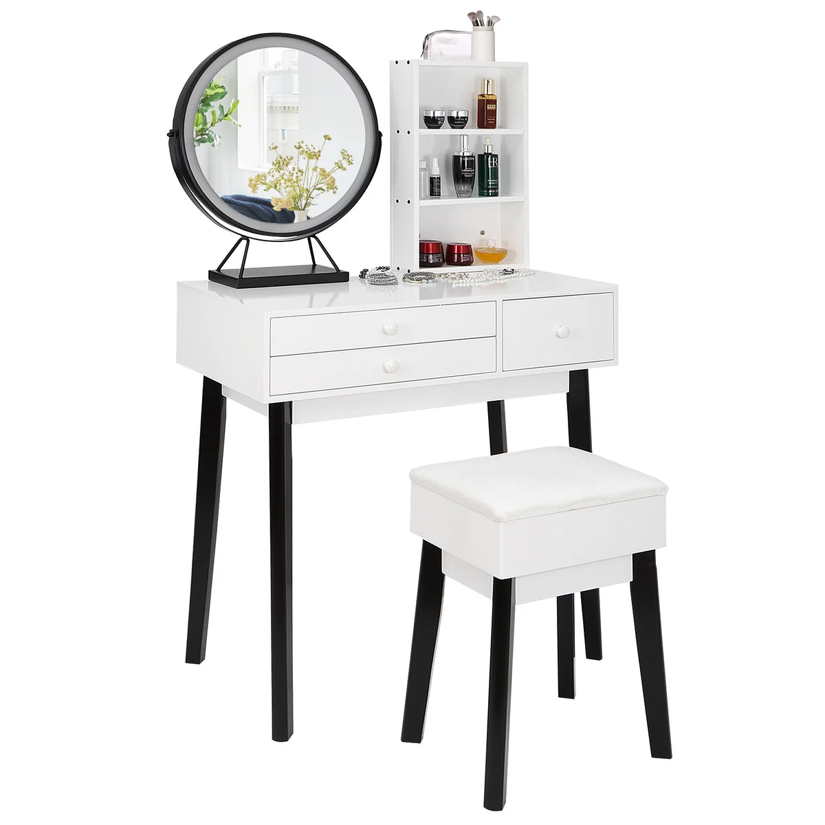 Black and White Vanity Set with Lighted Mirror and Cushioned Stool B29200