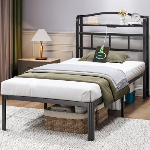Black 14 Inch Full Size Metal Platform Bed Frame with Storage Headboard and Charging Station Z1579