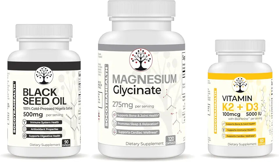 Magnesium Glycinate, Black Seed Oil, Vitamin D3 K2 Bundle R967