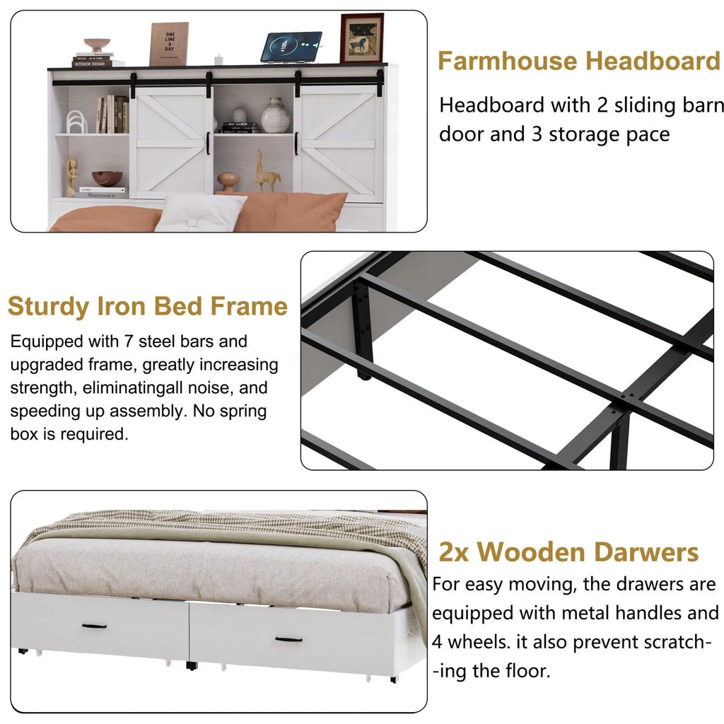 Queen Size Wooden Platform Bed Frame with Bookcase Headboard Storage B3939