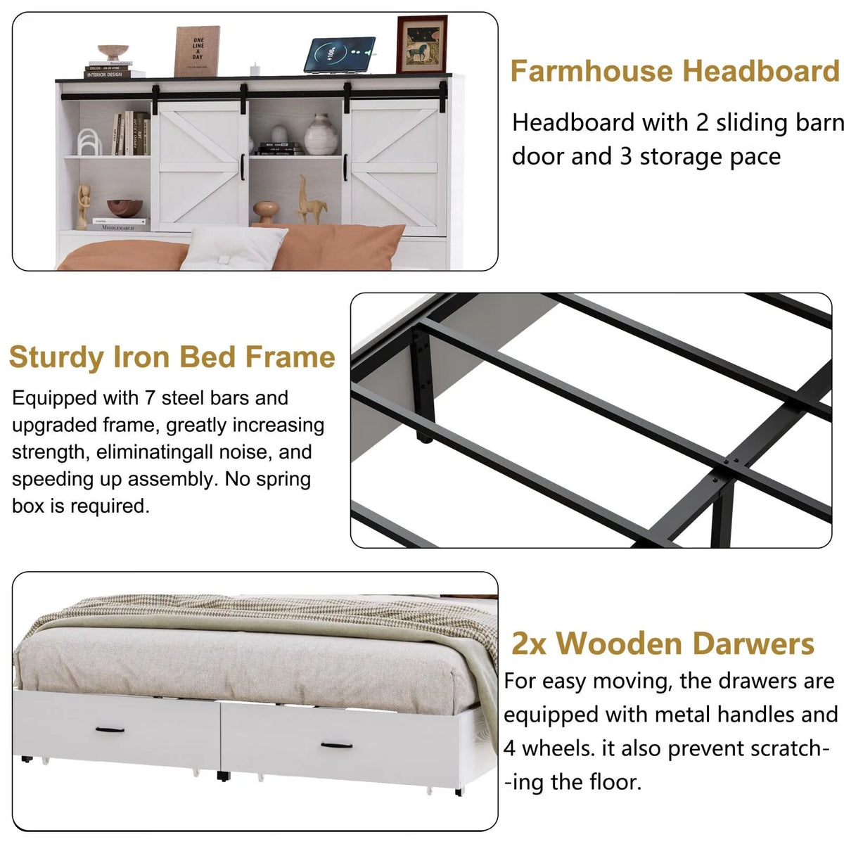 Queen Size Wooden Platform Bed Frame with Bookcase Headboard Storage B3939