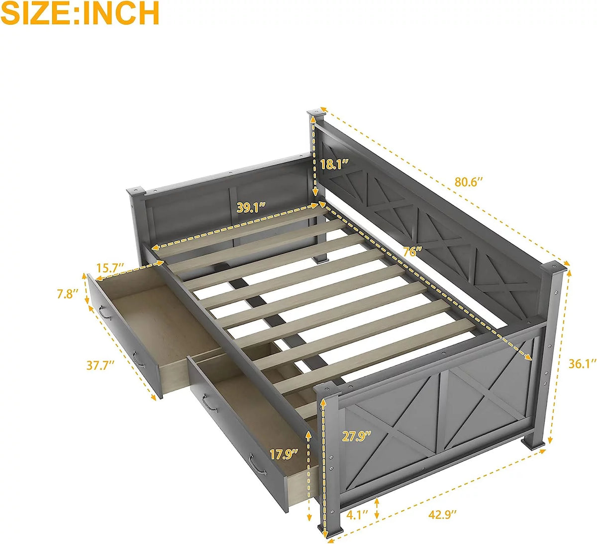 Grey Wood Daybed with Two Storage Drawers O735