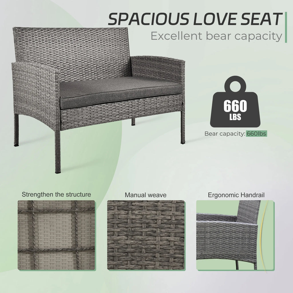 4 Piece Wicker Patio Conversation Furniture Set with Glass-Top Coffee Table & Gray Cushions O230056