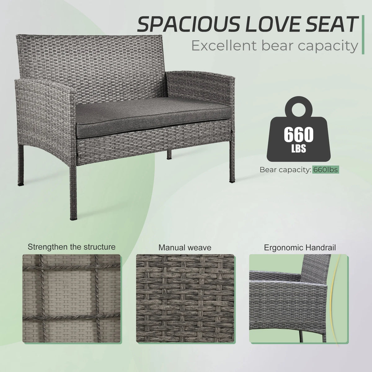 4 Piece Wicker Patio Conversation Furniture Set with Glass-Top Coffee Table & Gray Cushions O230056
