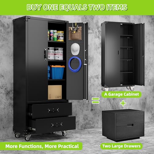 71" H Metal Storage Cabinet with Wheels, 5 Shelves and 4 Hooks, Black Silver P48743