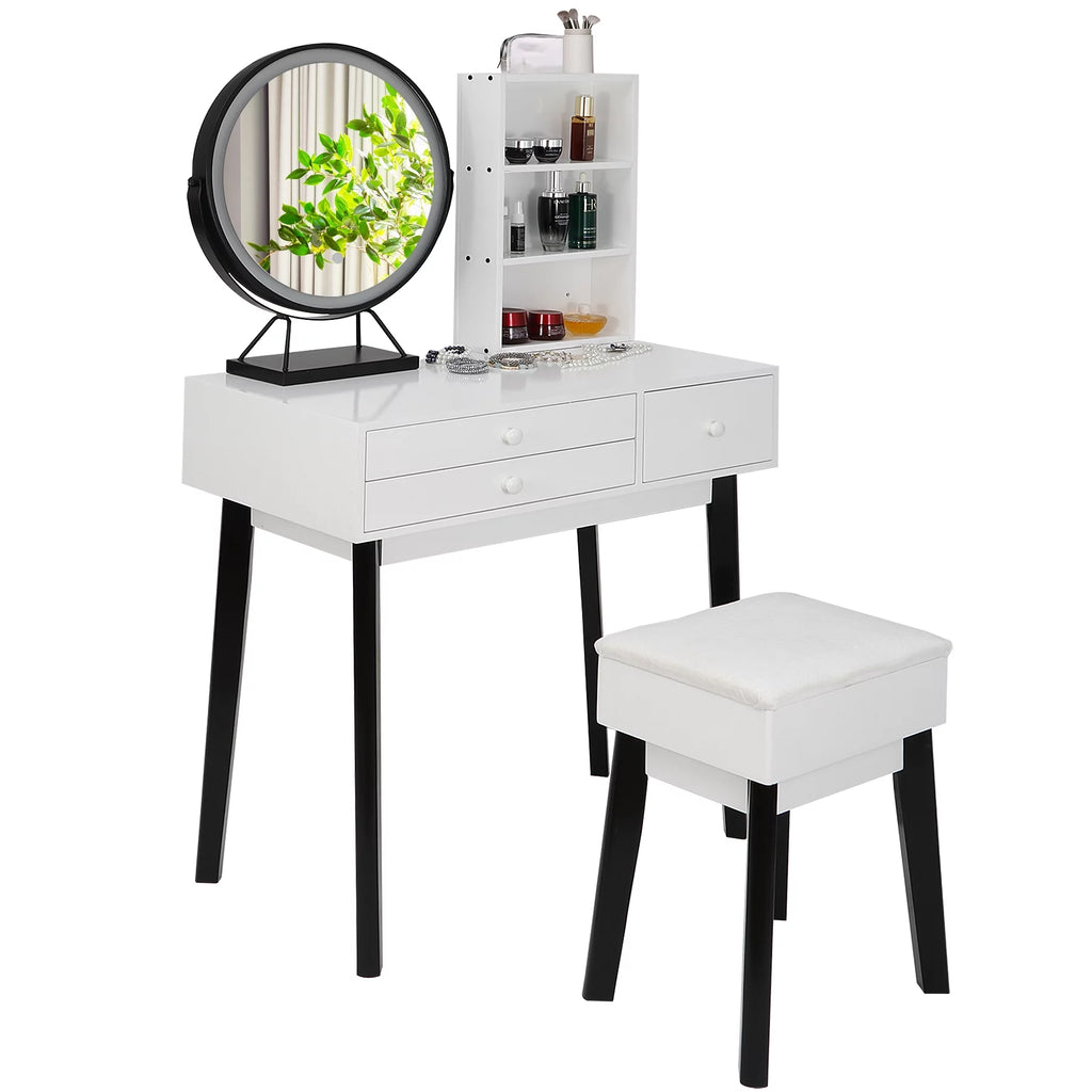 Black and White Vanity Set with Lighted Mirror and Cushioned Stool B29200