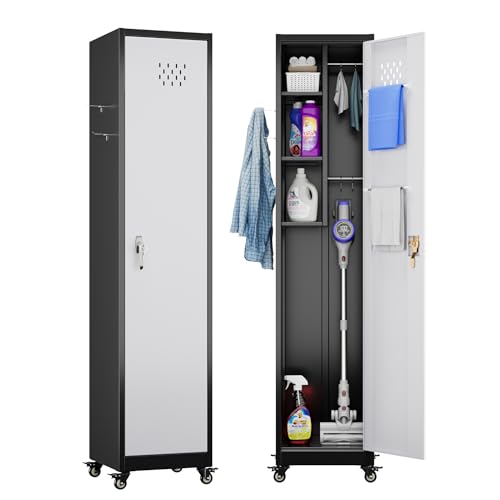 71" H Metal Storage Cabinet with Wheels, 5 Shelves and 4 Hooks, Black Silver P48743