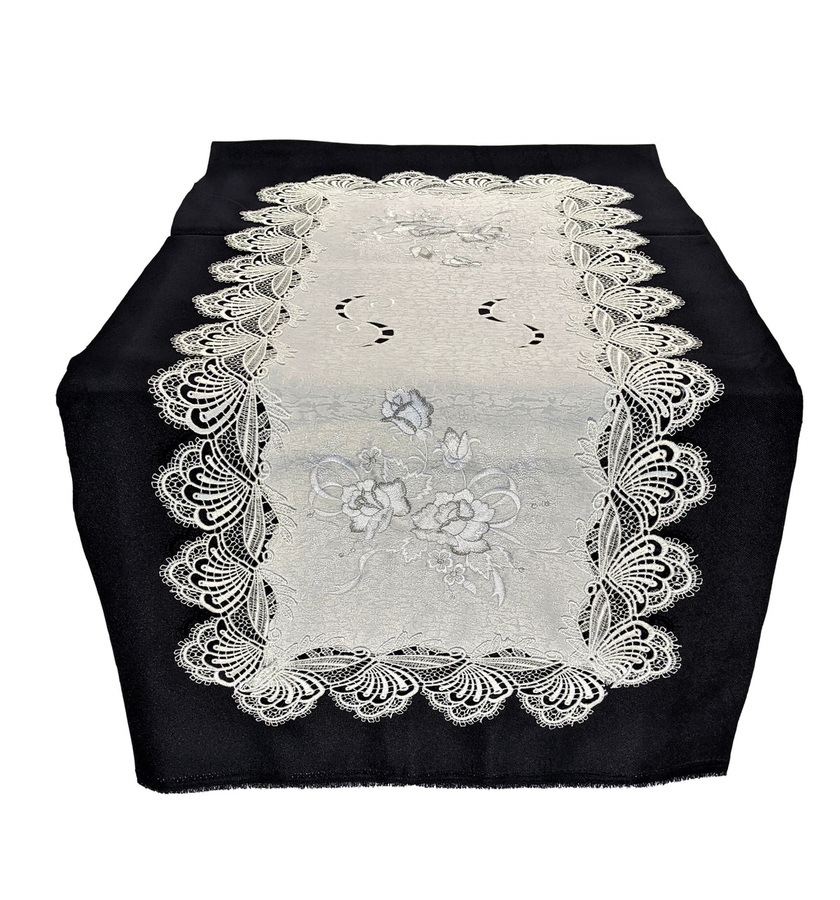 Table Runner with Gray Silver White Roses Lace 54 x 16 inches J999660