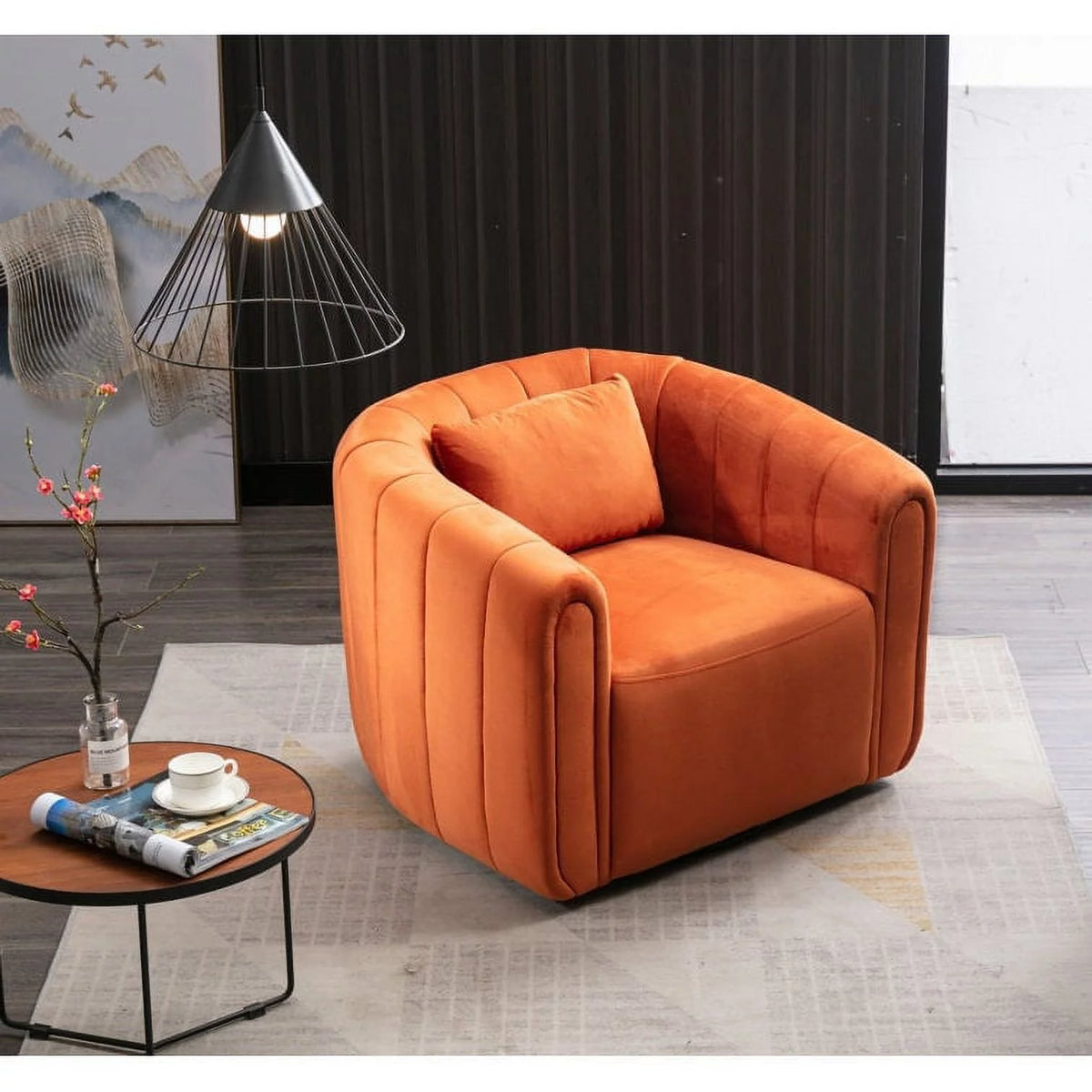 Beige Velvet Swivel Barrel Chair with Pillow N887146