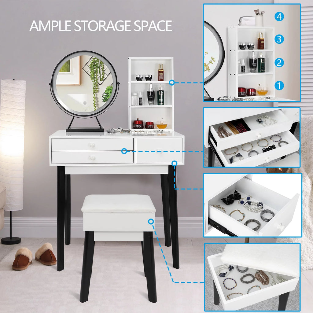 Black and White Vanity Set with Lighted Mirror and Cushioned Stool B29200