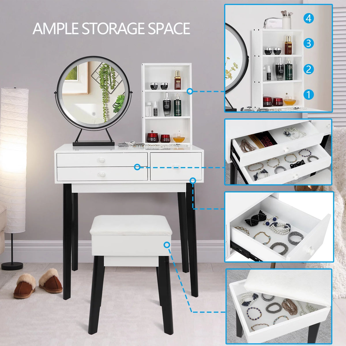 Black and White Vanity Set with Lighted Mirror and Cushioned Stool B29200