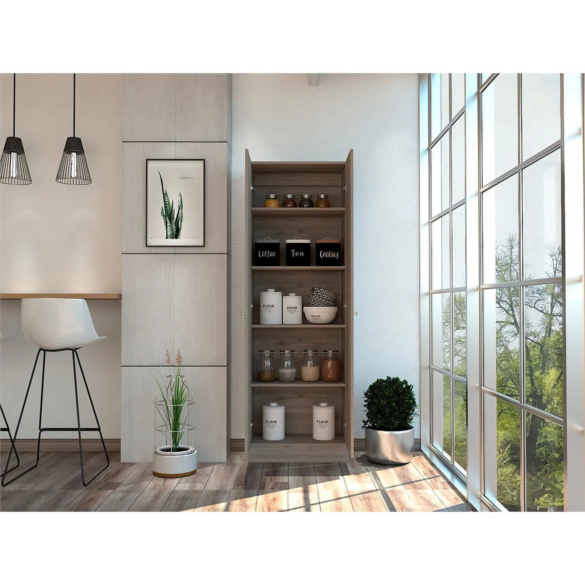 2 Piece Wood Two-Door Pantry Cabinet Set in Light Gray I258