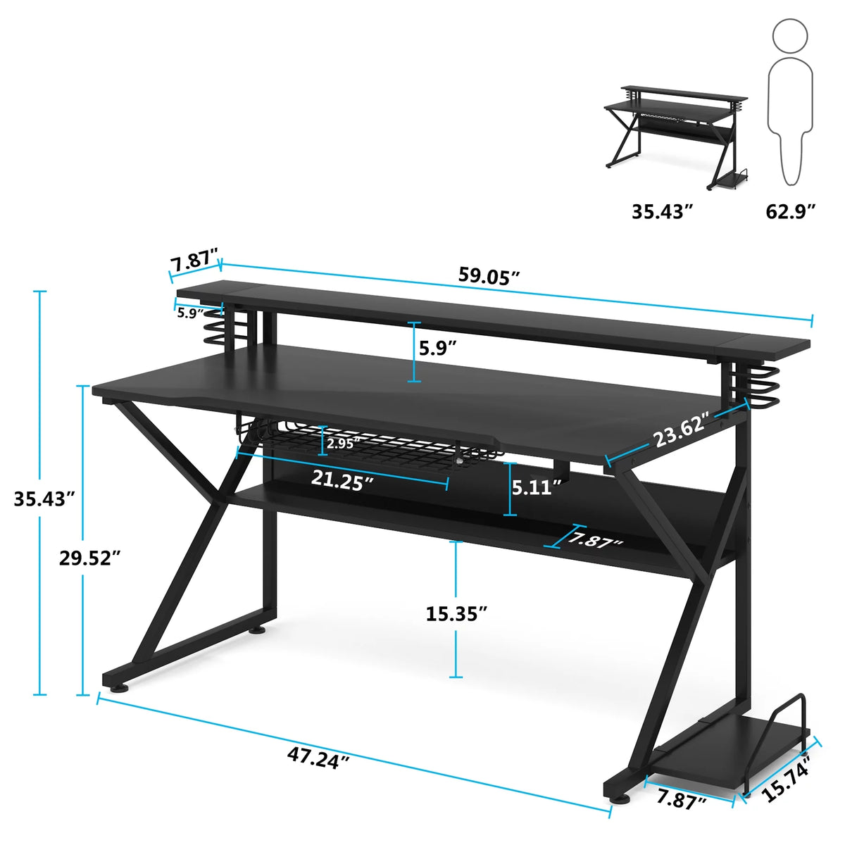 47 inches Gaming Desk with Monitor Stand O6861
