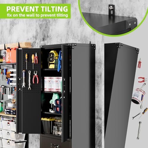 71" H Metal Storage Cabinet with Wheels, 5 Shelves and 4 Hooks, Black Silver P48743