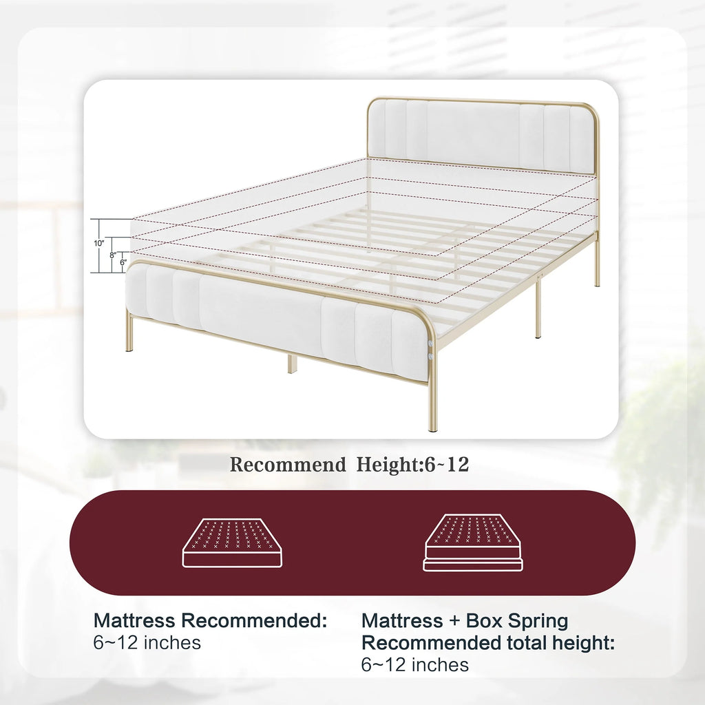 Gold Queen Size Velvet Fabric Headboard Metal Platform Bed V96017